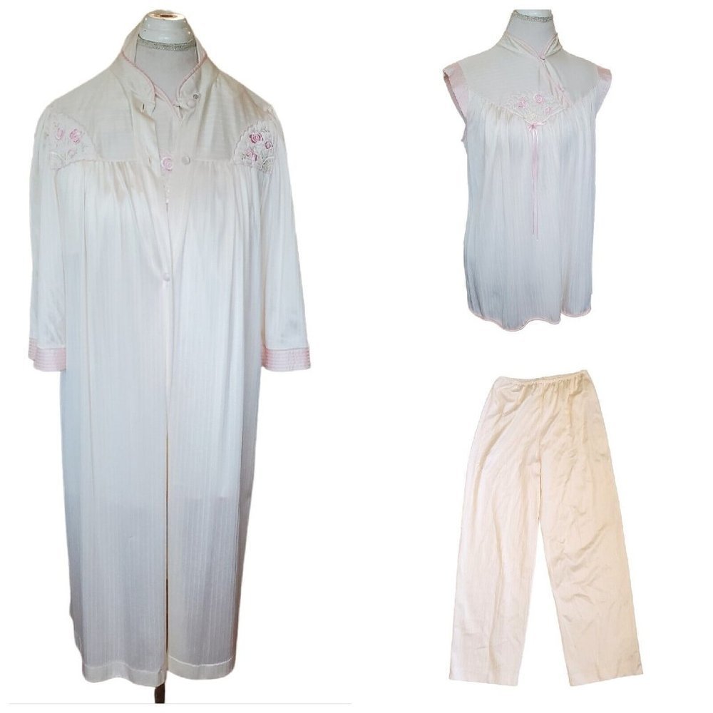 Vintage 80s Cream Satin Nylon 3 Pc Pajama Robe Set Medium Pink Flowers